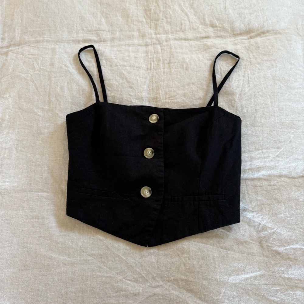 Black linen Button-Up Women's Top